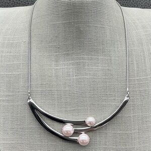 WHBM Silver Tone Pink Faux Pearl Statement Necklace Women Adjustable Modern